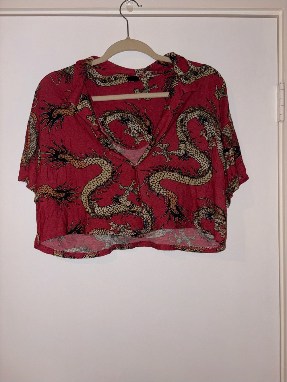 Urban Outfitters Red Dragon Print Cropped Button-Up Top